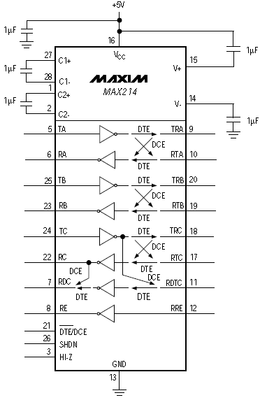 MAX214E, Программируемый DTE/DCE приемник/передатчик RS-232